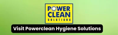 Power Clean Hygiene Solutions logo with bold text and vibrant colors, emphasizing professional infection control and cleaning services for different industries.
