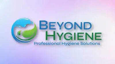 Beyond hygiene asia logo with professional hygiene solutions in blue and green text on a pastel background.