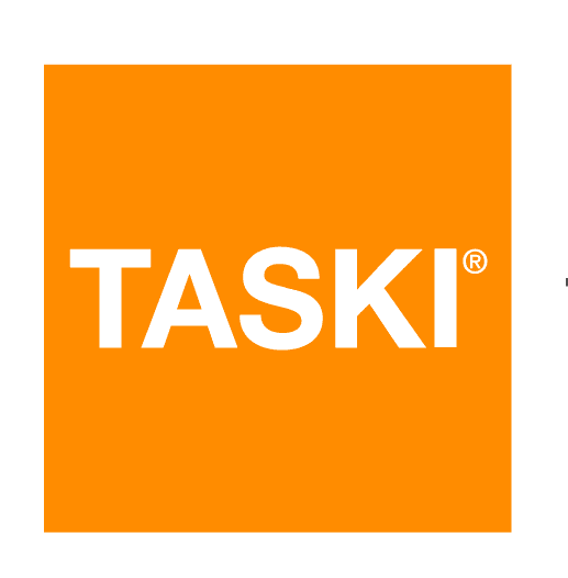 TASKI logo displayed on an orange background, representing cleaning and hygiene solutions.