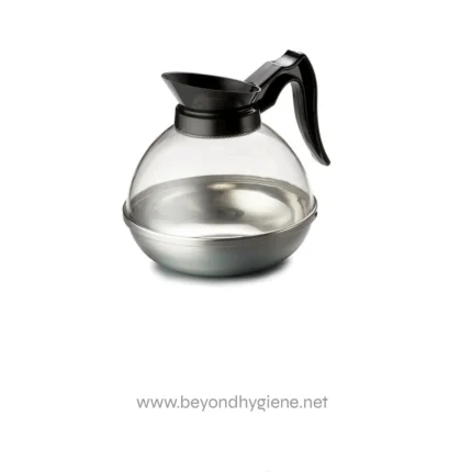 Stainless steel coffee carafe with black lid and handle, on white background. Perfect for commercial and office coffee service, emphasizing hygiene and professional beverage presentation.