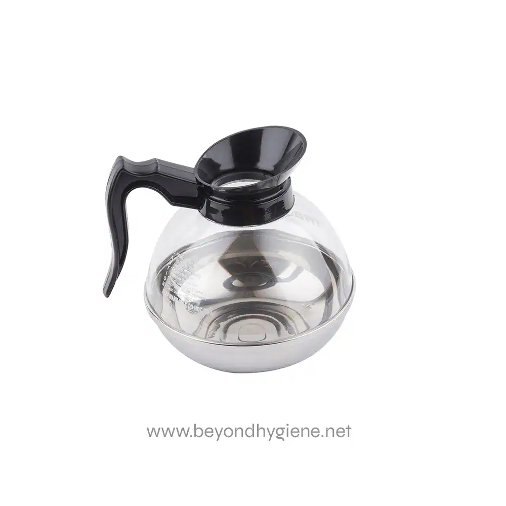 18_02 Dish soap or detergent dispenser with a transparent glass container and black plastic lid and handle for commercial or industrial cleaning environments.