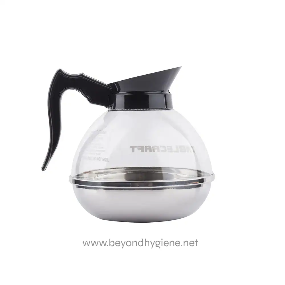 18_03 Stainless steel glass coffee pot with black plastic handle and lid, designed for commercial or home use, part of Beyond Hygiene Asia's sanitation product range.