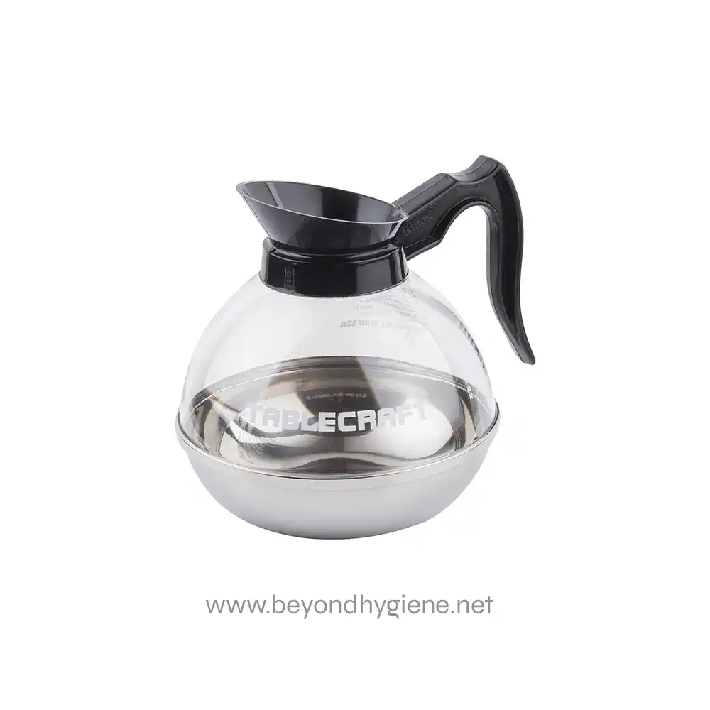 18_04 Stainless steel and glass coffee pot for commercial and home use, with a black handle and lid, designed for hygienic beverage serving from Beyond Hygiene Asia.