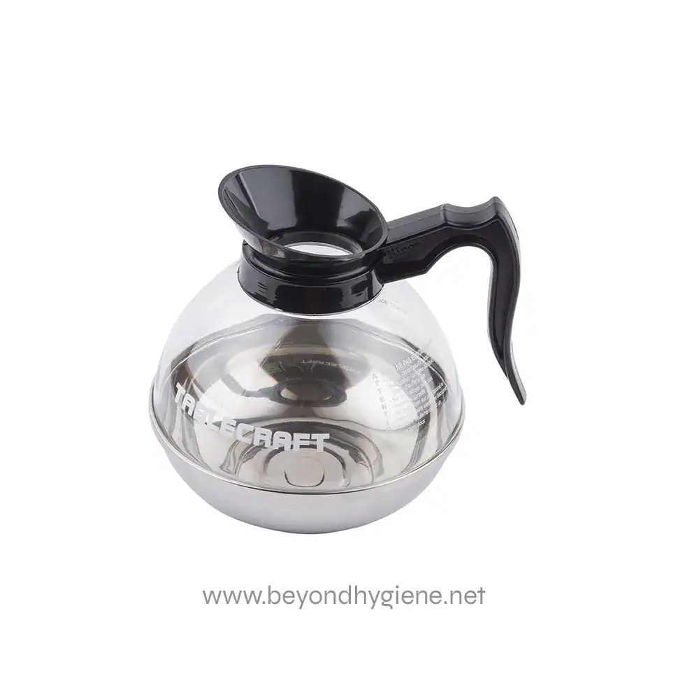 18_06 Stainless steel glass carafe with black plastic handle and lid, ideal for coffee or tea brewing, featuring a modern design from Beyond Hygiene Asia.