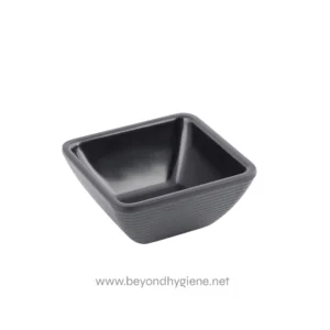 Black ceramic square bowl for kitchen or restaurant use, ideal for serving sauces, dips, or small appetizers. Durable design with textured exterior, designed for commercial and hospitality hygiene standards.