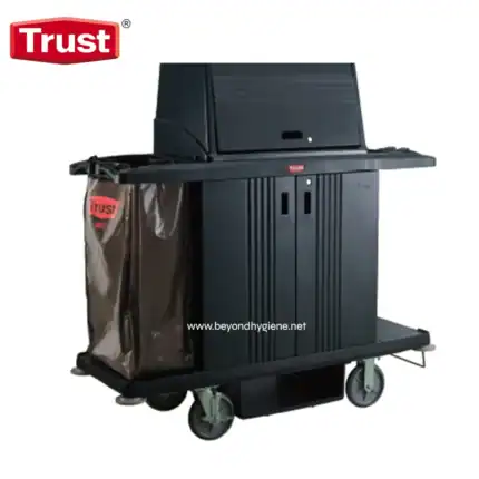 Black and gray Trust cleaning cart with hygiene equipment on wheels, including waste bags and storage compartments, designed for professional cleaning and sanitation services.