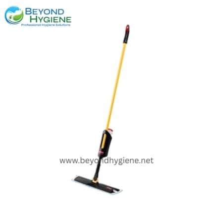 Microfiber mop with extendable yellow handle and black and red accents for professional cleaning, ideal for hygiene solutions in Asia.