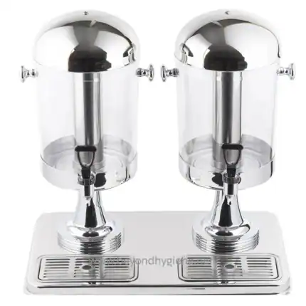 Stainless steel hand sanitizer dispenser station with dual outlets, modern design, ideal for commercial and healthcare facilities to promote hygiene and sanitization.
