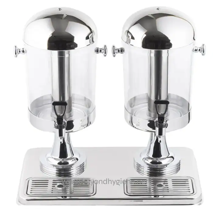 Stainless steel hand sanitizer dispenser station with dual outlets, modern design, ideal for commercial and healthcare facilities to promote hygiene and sanitization.