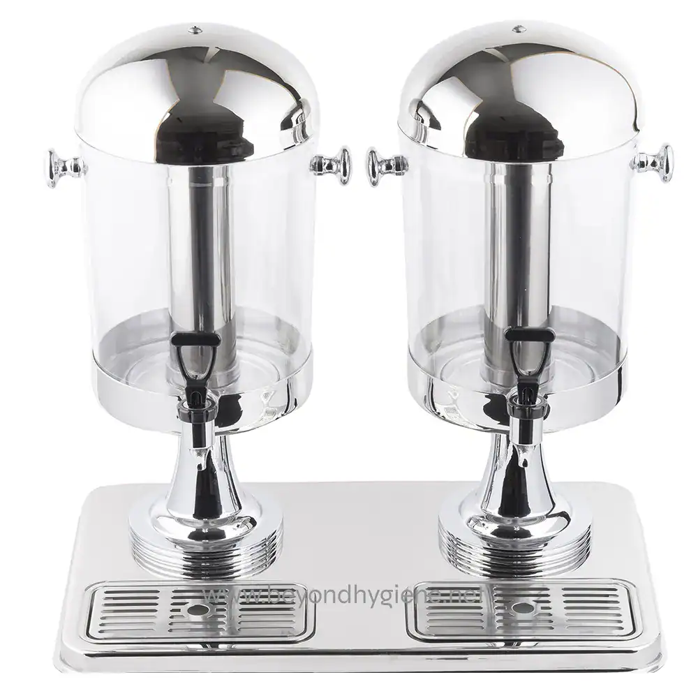 72_02 Stainless steel hand sanitizer dispenser station with dual outlets, modern design, ideal for commercial and healthcare facilities to promote hygiene and sanitization.