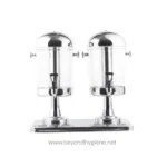 Stainless steel double hand sanitizer dispenser station for hygiene and sanitation in Asia.