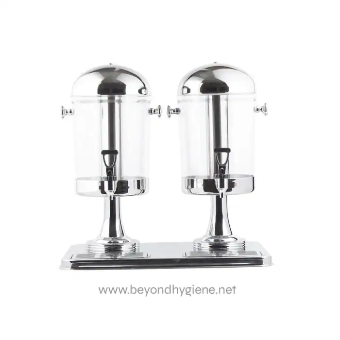 Stainless steel double hand sanitizer dispenser station for hygiene and sanitation in Asia.