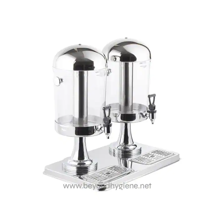 Stainless steel double drink dispenser for beverage service, ideal for hospitality and events, easy to clean, durable, and designed for sanitary drink dispensing.