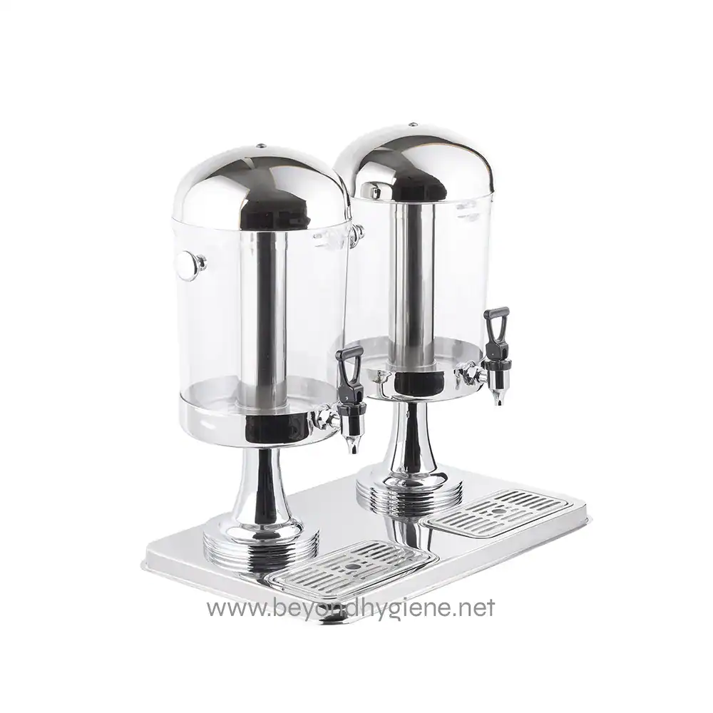 72_05 Stainless steel double drink dispenser for beverage service, ideal for hospitality and events, easy to clean, durable, and designed for sanitary drink dispensing.