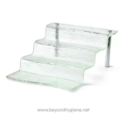 Shower step riser made of clear textured glass with a metal support, ideal for bathroom hygiene, safety, and handicap accessibility.