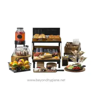 Freshly baked bread, assorted cheeses, fresh fruits, and snacks for corporate catering or events at Beyond Hygiene Asia. High-quality food service solutions for health-conscious environments.