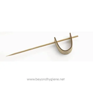Toothpick with a horseshoe-shaped wooden holder for disposable utensils, promoting hygiene and cleanliness. Ideal for restaurants, cafes, and catering businesses seeking sanitary food presentation solutions.