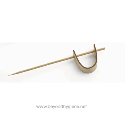 Toothpick with a horseshoe-shaped wooden holder for disposable utensils, promoting hygiene and cleanliness. Ideal for restaurants, cafes, and catering businesses seeking sanitary food presentation solutions.