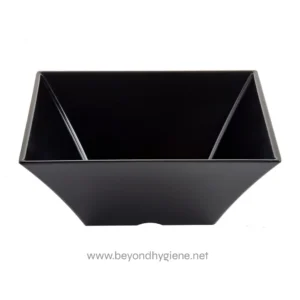 Durable black plastic trash bin designed for commercial and office restrooms, ideal for waste disposal and sanitation.