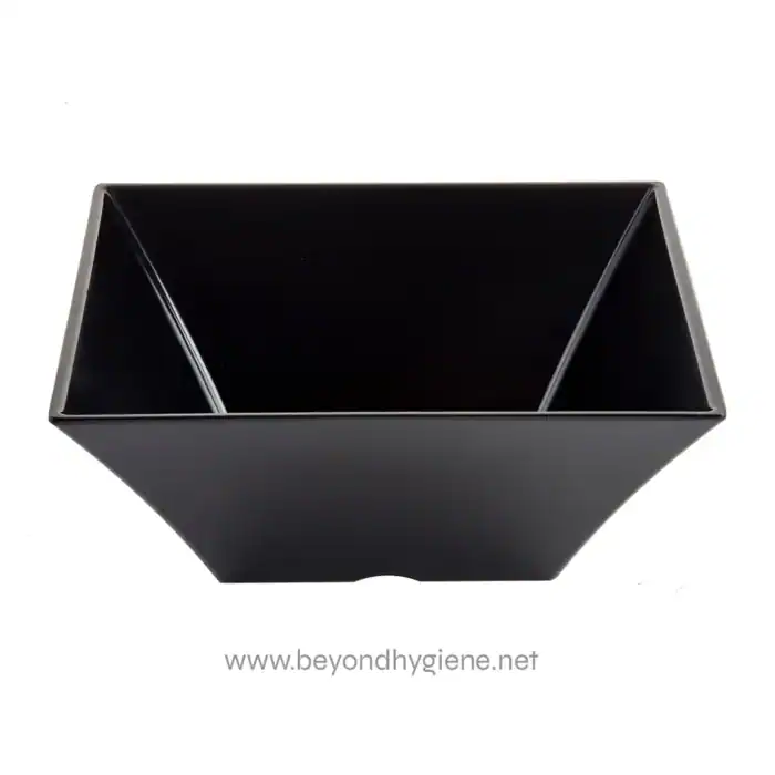 Durable black plastic trash bin designed for commercial and office restrooms, ideal for waste disposal and sanitation.