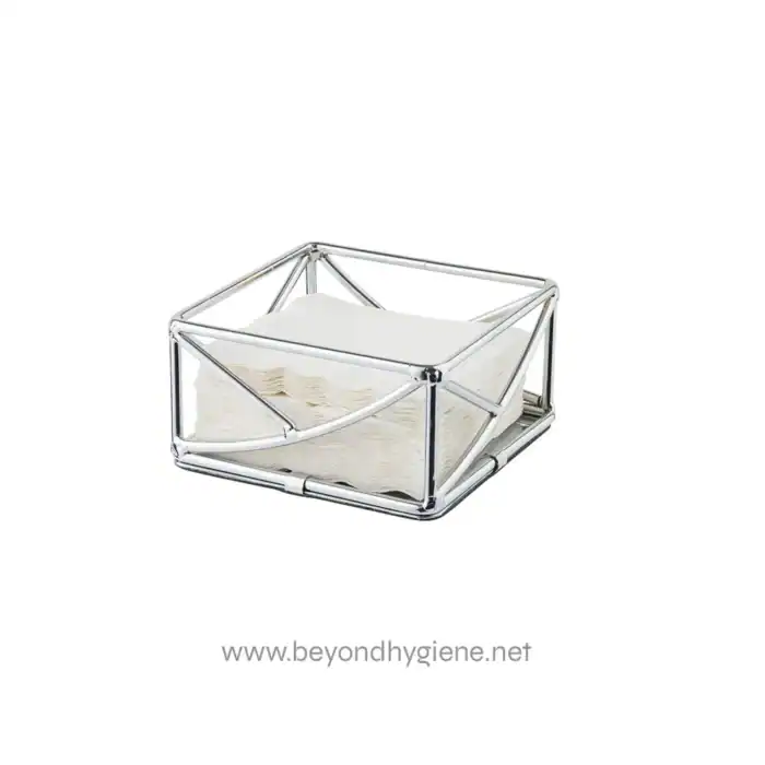 Stainless steel tissue paper holder with modern geometric design, suitable for hygiene and sanitary use in commercial and hospitality settings.