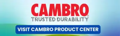 Cambro trusted durability logo and product center banner for hygiene solutions in Asia, showcasing high-quality durable containers for sanitation and storage needs.