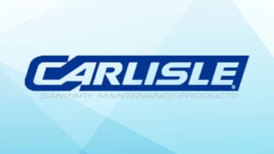 Carlisle sanitary maintenance products logo with blue text on a light blue geometric background.