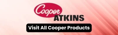Cooper Atkins logo with cleaning and hygiene products in the background, promoting hygiene solutions.