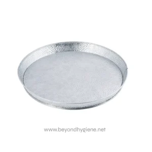 Shiny silver metal serving tray with textured surface, ideal for hygienic food presentation and catering.