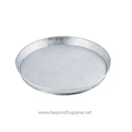 Shiny silver metal serving tray with textured surface, ideal for hygienic food presentation and catering.