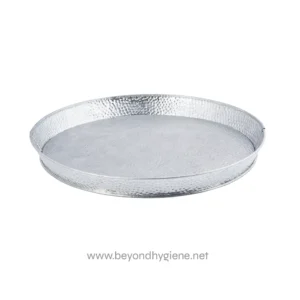Stainless steel round tray for hygiene and food presentation, durable and easy to clean. Perfect for restaurants, catering, and food service industries.