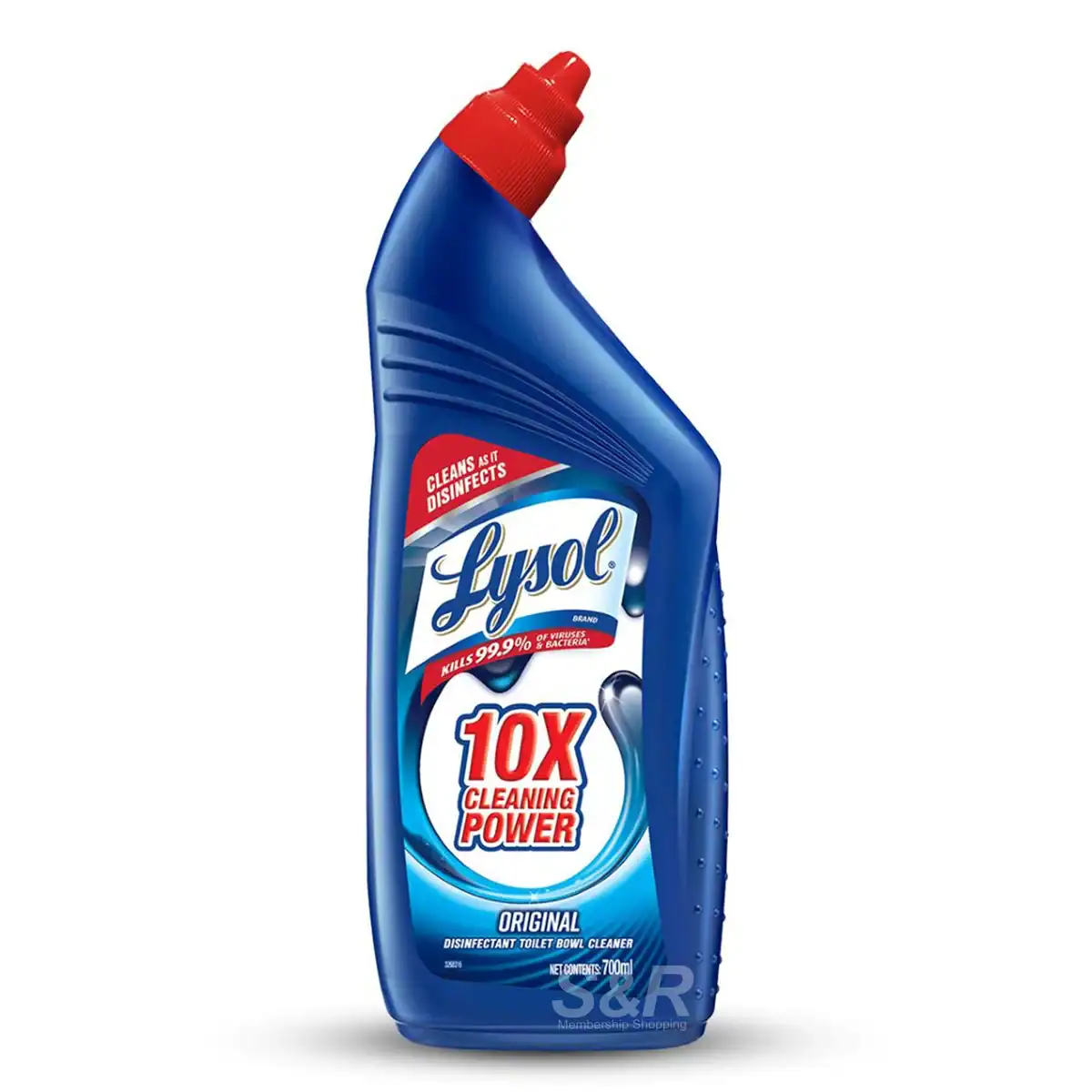 Lysol disinfectant toilet bowl cleaner in blue bottle with red cap, featuring 10x cleaning power and antibacterial formula for hygienic bathroom sanitation.