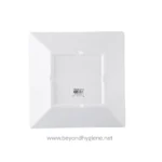 Durable white square plastic plate for food presentation or dining, ideal for commercial kitchens, restaurants, and catering services. Perfect for hygienic food serving solutions.