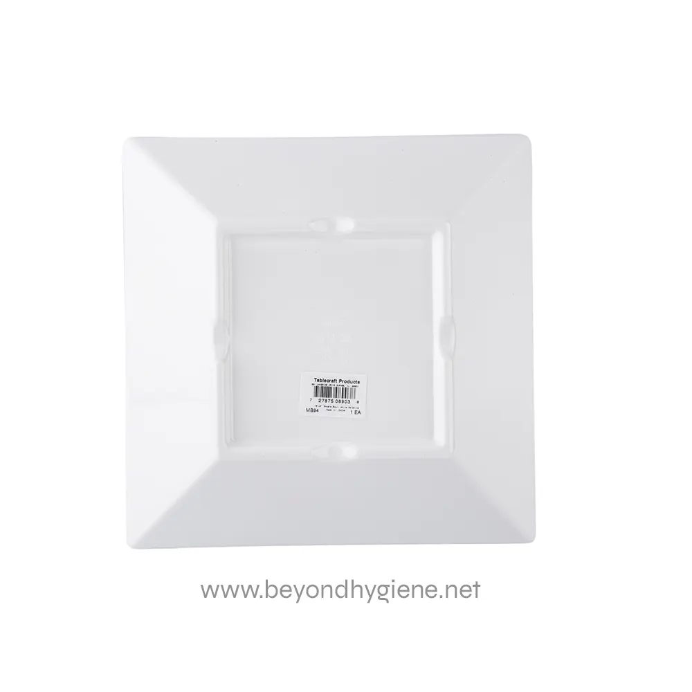 MB94_07 Durable white square plastic plate for food presentation or dining, ideal for commercial kitchens, restaurants, and catering services. Perfect for hygienic food serving solutions.