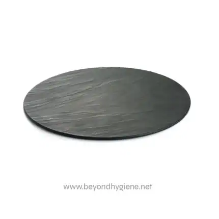 Black slate round serving platter for hospitality and catering. Durable and elegant, perfect for presentation and food display in restaurants or special events.