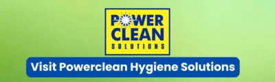 Power Clean Hygiene Solutions logo banner promoting professional cleaning services in Asia.