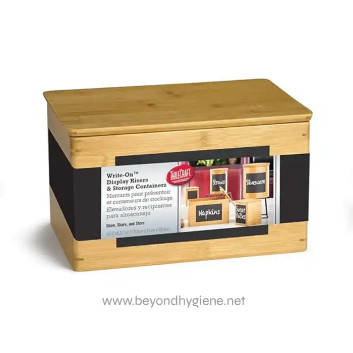 Write-On Display Risers and Storage Containers for organization; bamboo and black design, ideal for kitchen or office use.