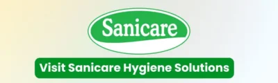 Sanicare logo and hygiene solutions banner showcasing Sanicare hygiene products and services.