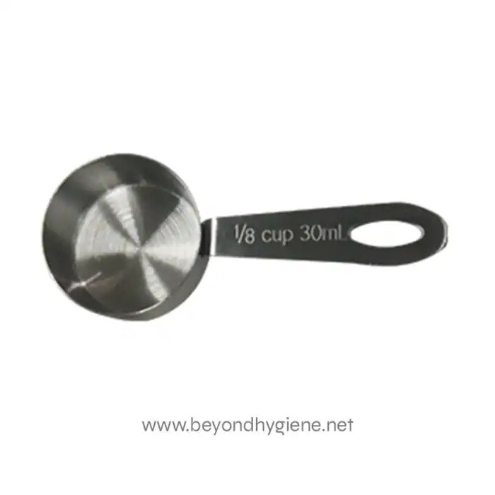Stainless steel measuring scoop with 1/8 cup capacity, ideal for precise ingredient measurement in kitchen or catering settings.