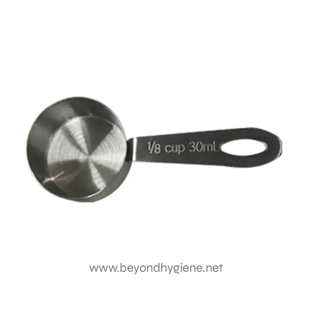 Stainless Scooper 18 30ml (short handle) Stainless steel measuring scoop with 1/8 cup capacity, ideal for precise ingredient measurement in kitchen or catering settings.