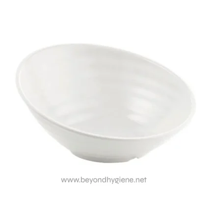 Disposable white ceramic bowl for food presentation and hygiene.
