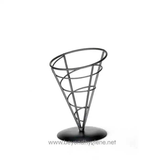 Metal cone-shaped umbrella stand for better organization in commercial or outdoor spaces. Perfect for holding umbrellas securely with durable, sleek design and easy-to-clean surface.