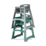 Stacked plastic chairs in gray and green for dining or conference rooms, versatile and space-saving, suitable for commercial or event settings.