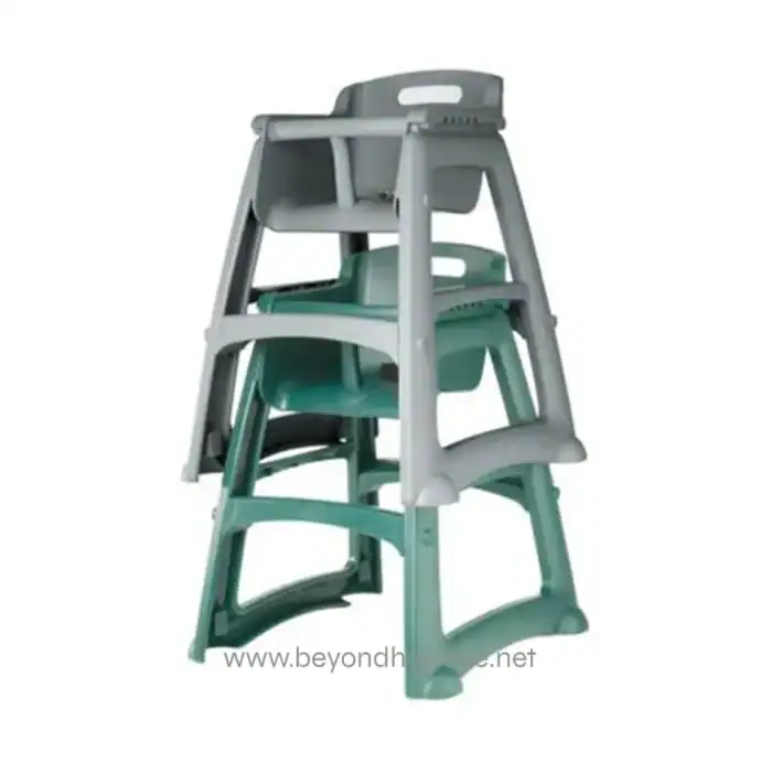 Stacked plastic chairs in gray and green for dining or conference rooms, versatile and space-saving, suitable for commercial or event settings.