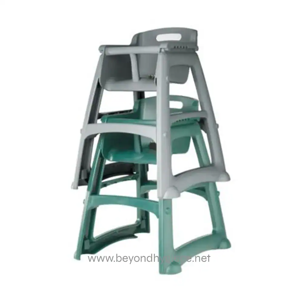 10825_ALT-02 Stacked plastic chairs in gray and green for dining or conference rooms, versatile and space-saving, suitable for commercial or event settings.