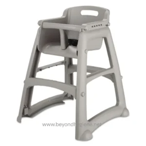 Sturdy gray baby high chair, ideal for feeding and safety, easy to clean, with adjustable features, suitable for nurseries and daycares, from Beyond Hygiene Asia.