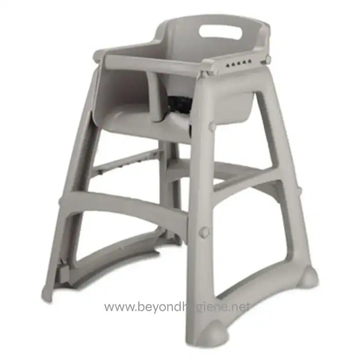Sturdy gray baby high chair, ideal for feeding and safety, easy to clean, with adjustable features, suitable for nurseries and daycares, from Beyond Hygiene Asia.