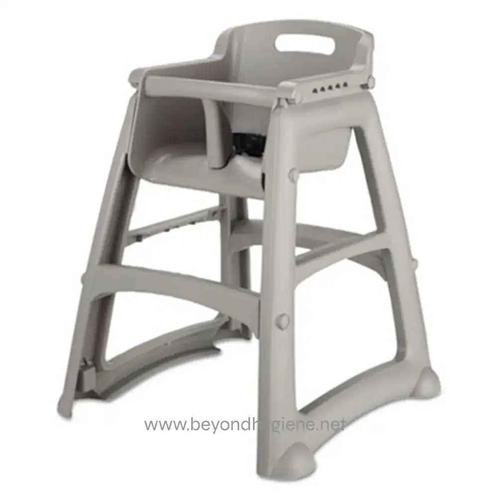 Sturdy gray baby high chair, ideal for feeding and safety, easy to clean, with adjustable features, suitable for nurseries and daycares, from Beyond Hygiene Asia.