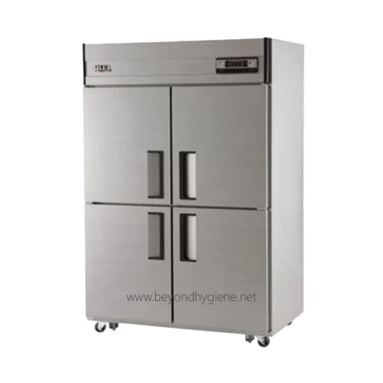 Stainless steel commercial refrigerator for food storage in hotel kitchens or catering facilities. Durable, hygienic, and energy-efficient appliance from Beyond Hygiene Asia.