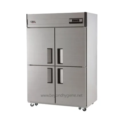 Stainless steel commercial refrigerator for hygiene and food safety in healthcare and catering facilities.